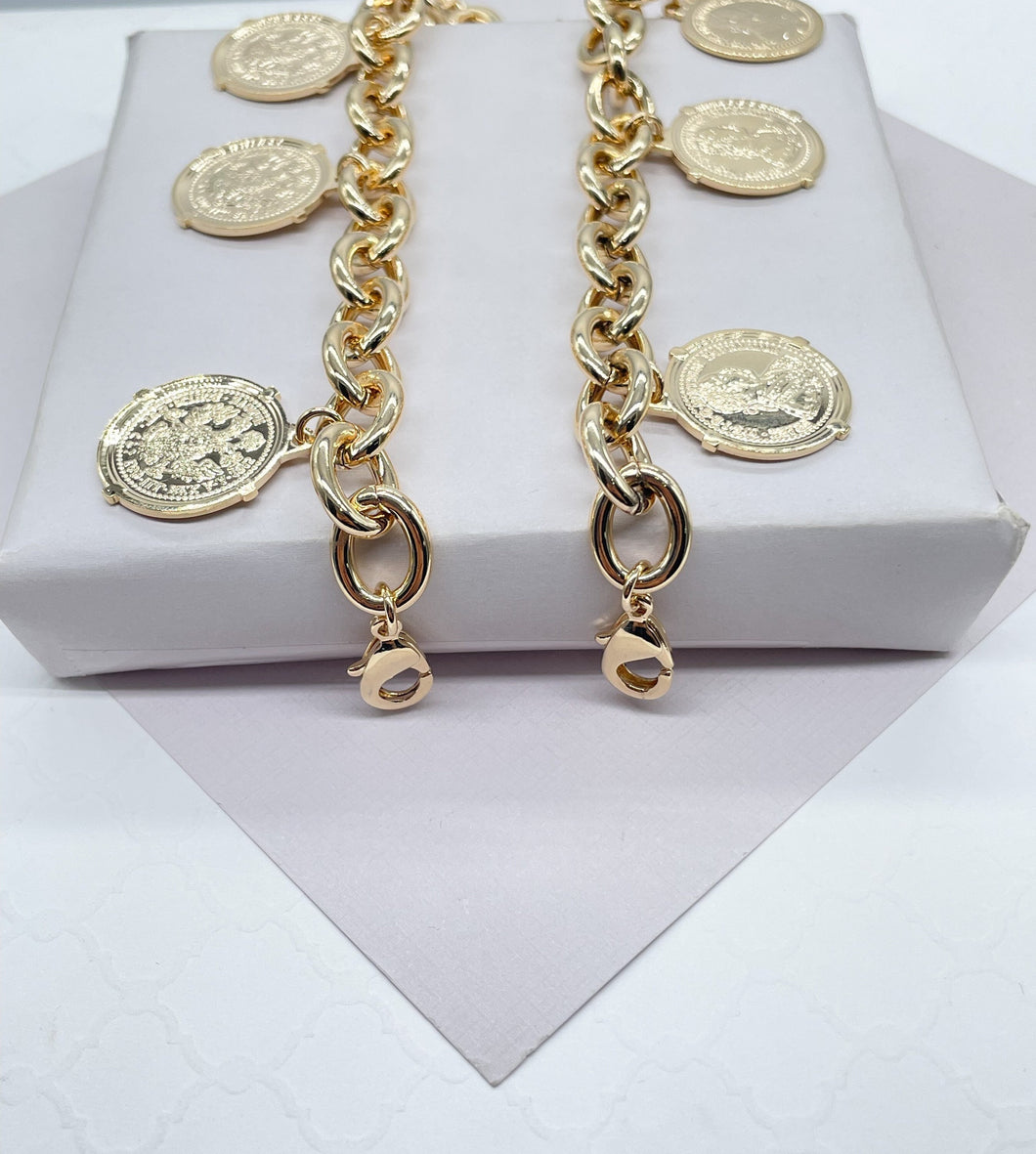 Chunky 18k Gold Filled Coin Money Medallion Charm Bracelet Coin Pendants Lucky Bracelet Link Chain