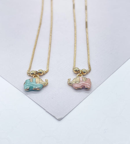 18k Gold Filled Box Chain Anklet With Pastel Colored Elephant Charm