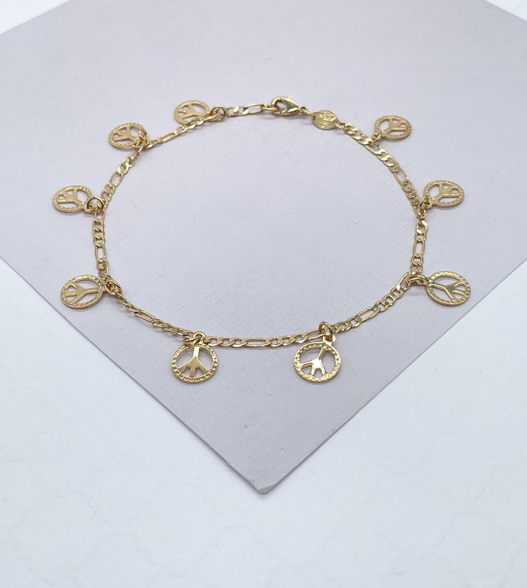 18k Gold Filled Figaro Chain Anklet With Flat Gold Peace Sign Charms