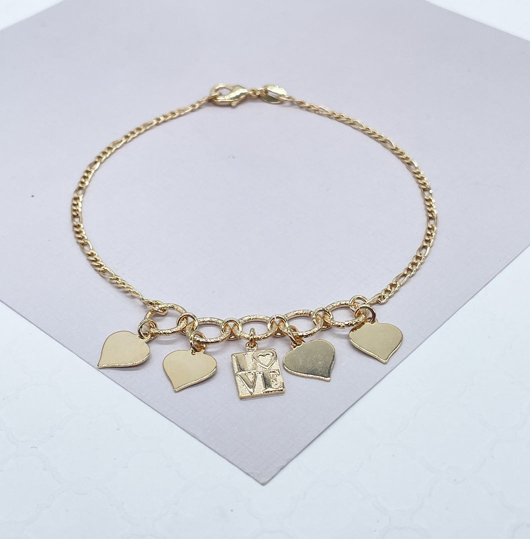 18k Gold Filled Figaro Anklet With Plain Heart Charms & Love Charm