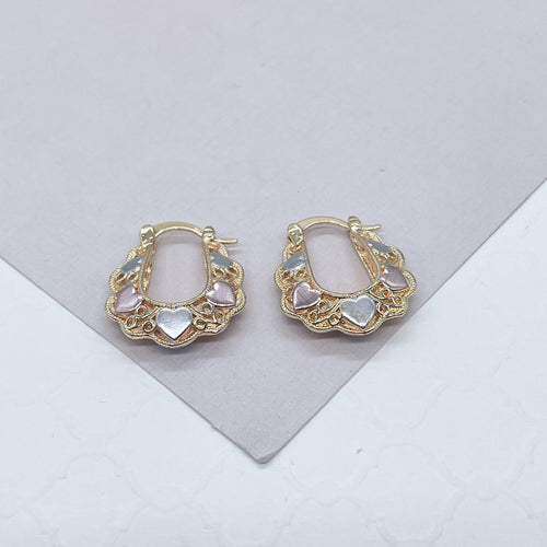 18k Gold Filled Tri-Colored Heart Earring Hoops