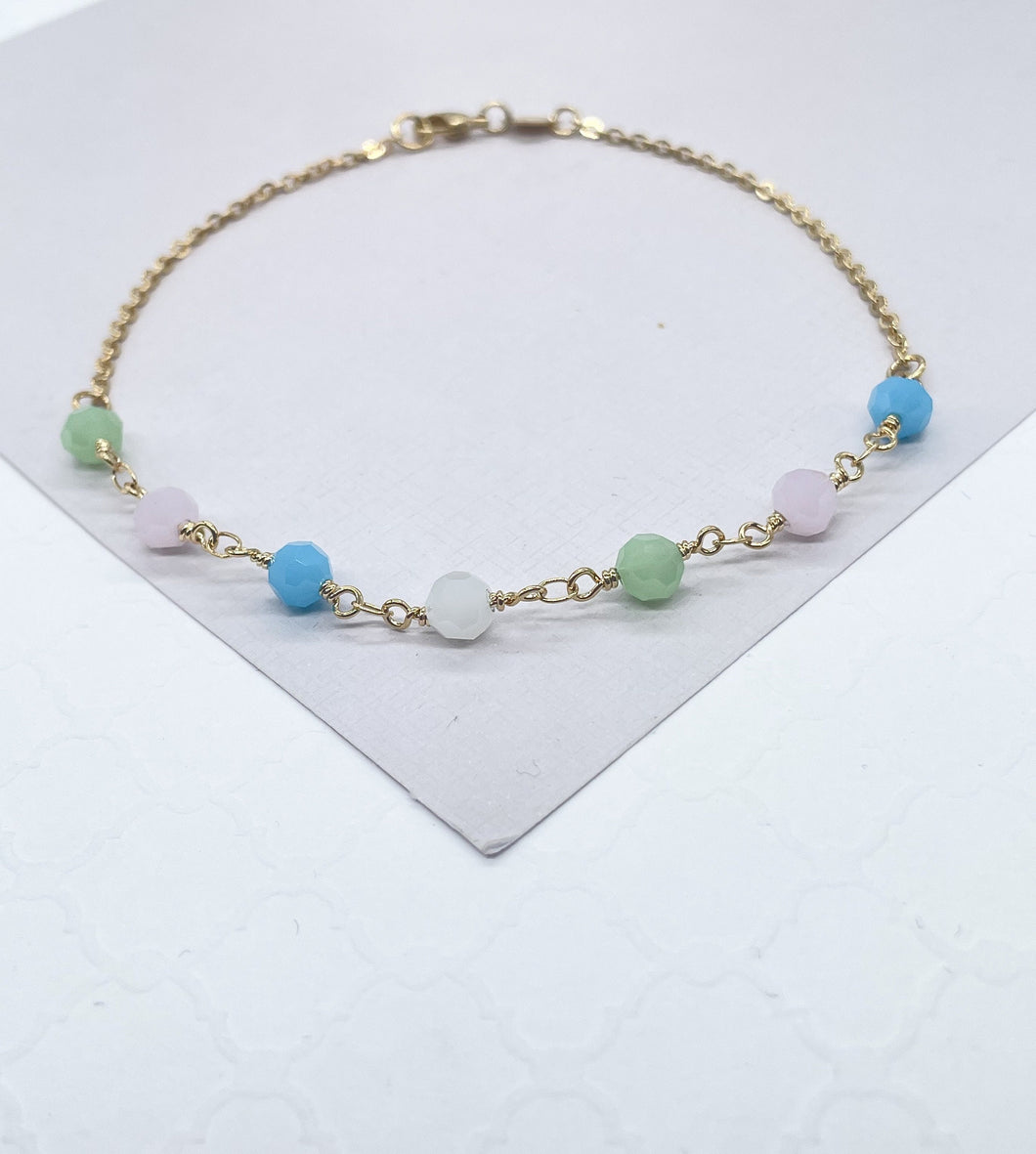 18k Gold Filled Curb Link Anklet With Multi-Colored Beads