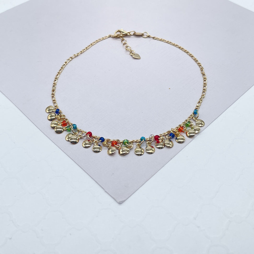18k Gold Filled Figaro Charm Anklet With With Multi-Colored Small Beads and Flat Gold Charms