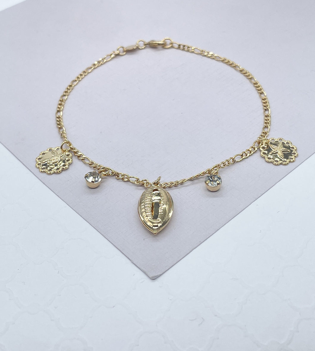 18k Gold Filled Figaro Chain Anklet With Ocean Animal Charms & Conch shell
