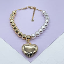 Load image into Gallery viewer, 18k Gold Filled Half Gold &amp; Pearl Bracelet with Large Puffy Heart
