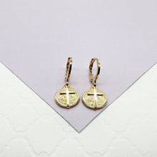 Load image into Gallery viewer, 18k Gold Filled Mini San Benedict and Small Cross Dangling Earrings
