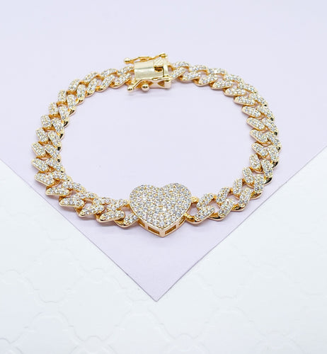 18k Gold Filled Zirconia Cuban Link Woman’s Bracelet featuring heart