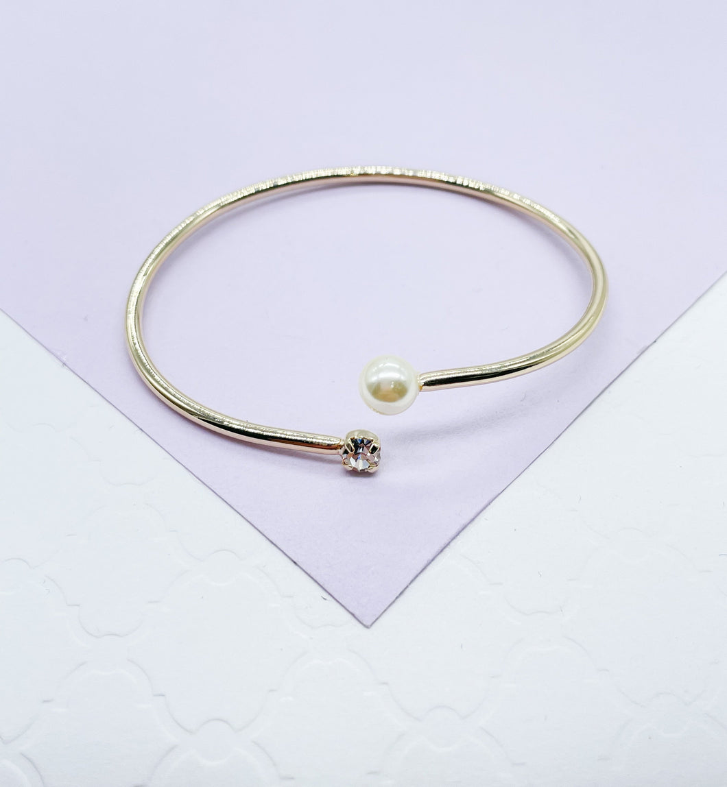 18k Gold Filled Dainty Cuff Bangle With Stone and Pearl Ends