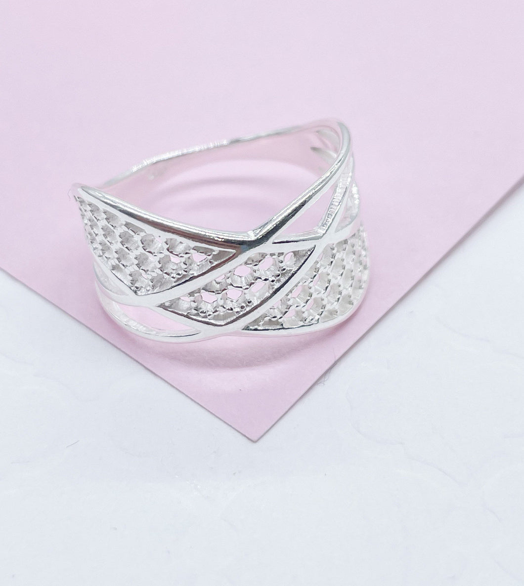 925 Sterling Silver Ring With Honey Comb Textures & Smooth Thin Rows