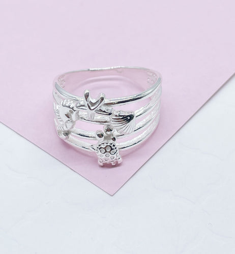 925 Sterling Silver Ocean Themed Ring With Stamped Seahorse, Turtle, Starfish & Sea shells