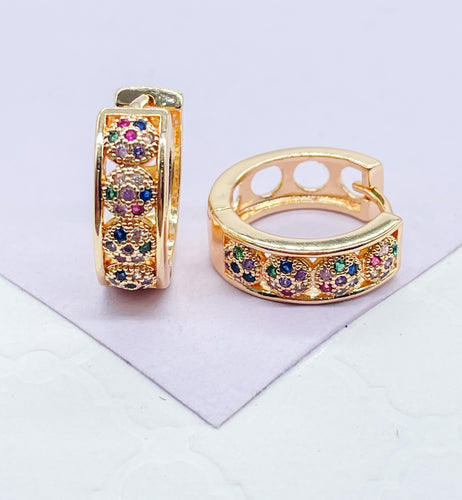 18k Gold Filled Round Colorful CZ 3-D Huggie Hoop Earrings