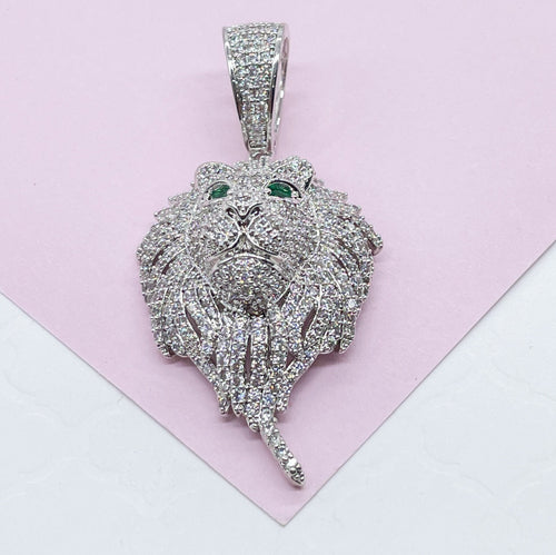 18k SilverFilled Medium Sized Lion Head Pendant With Emerald Green Eyes