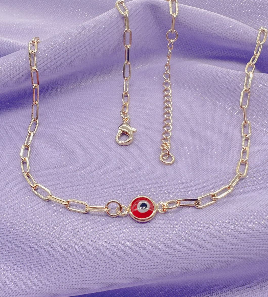 18k Gold Filled Paperclip Necklace Chain with Red eye In The Center