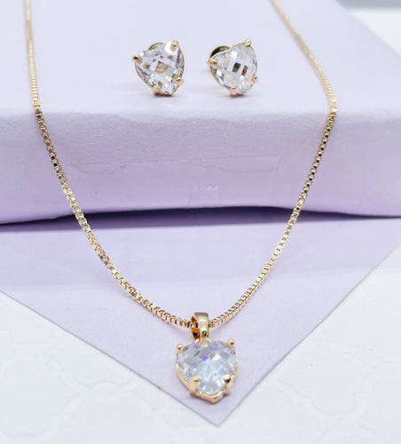18k Gold Filled Clear CZ Stone Heart Set With Thin Dainty Box Chain