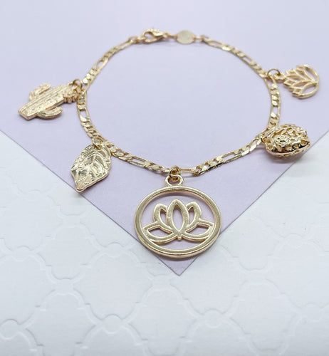 18k Gold Filled Figaro Link Bracelet With Lotus Flower Heart and Leaf Charms