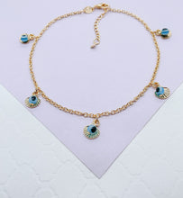 Load image into Gallery viewer, 18k Gold Filled Rolo Link Charm Anklet With Evil Eye and Seashell Charms
