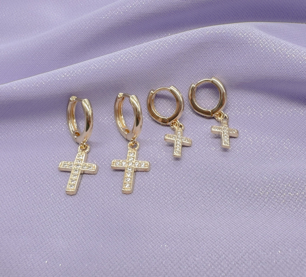 18k Gold Filled Set Of 2 Dangling Pave Cross Hoop Earrings