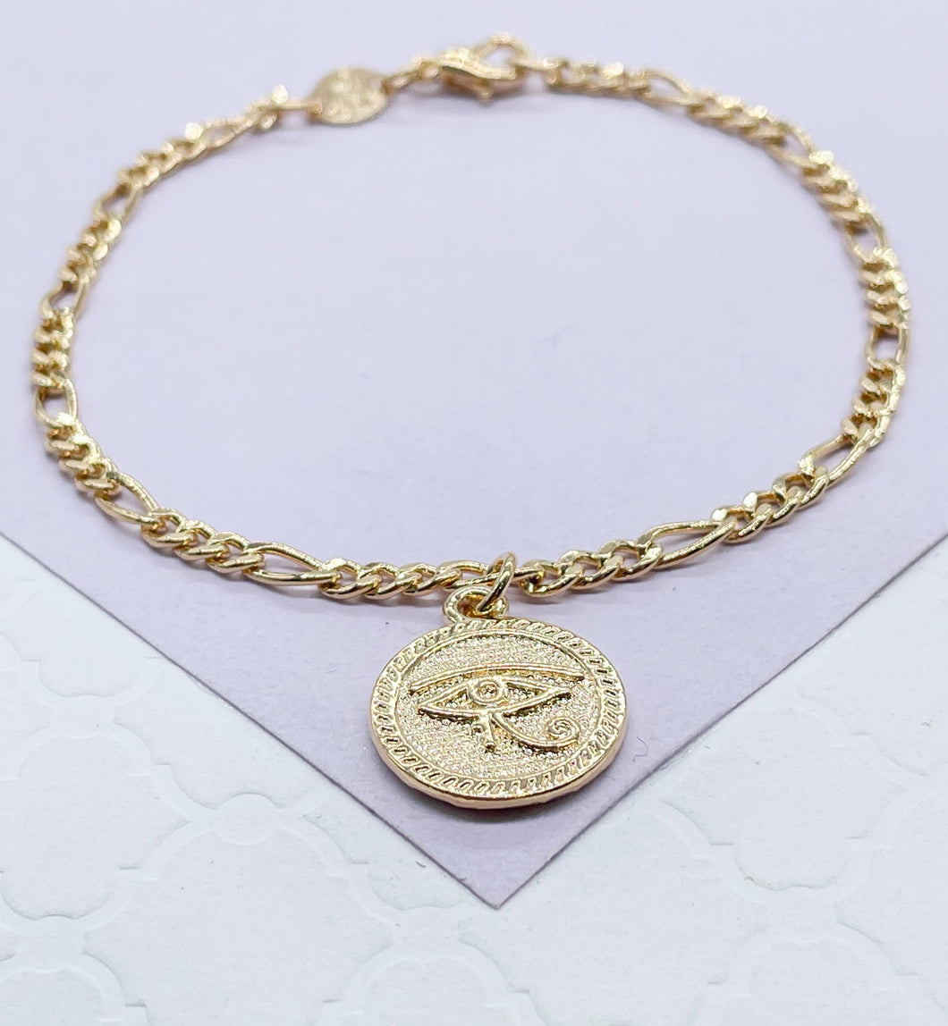 18k Gold Filled Figaro Link Bracelet With Eye Charm in Center