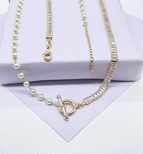 18k Gold Filled Half Baguette Tennis & Half Pearl Necklace Chain Choker
