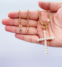 Load image into Gallery viewer, 18k Gold Filled Rope Chain With Pearl Cross Center piece With Pearl Piece
