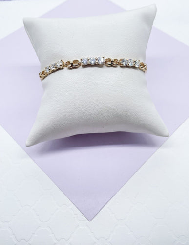 18k Gold Filled Smooth Delicate Bracelet with Interlocked groups of 3 CZ Stones