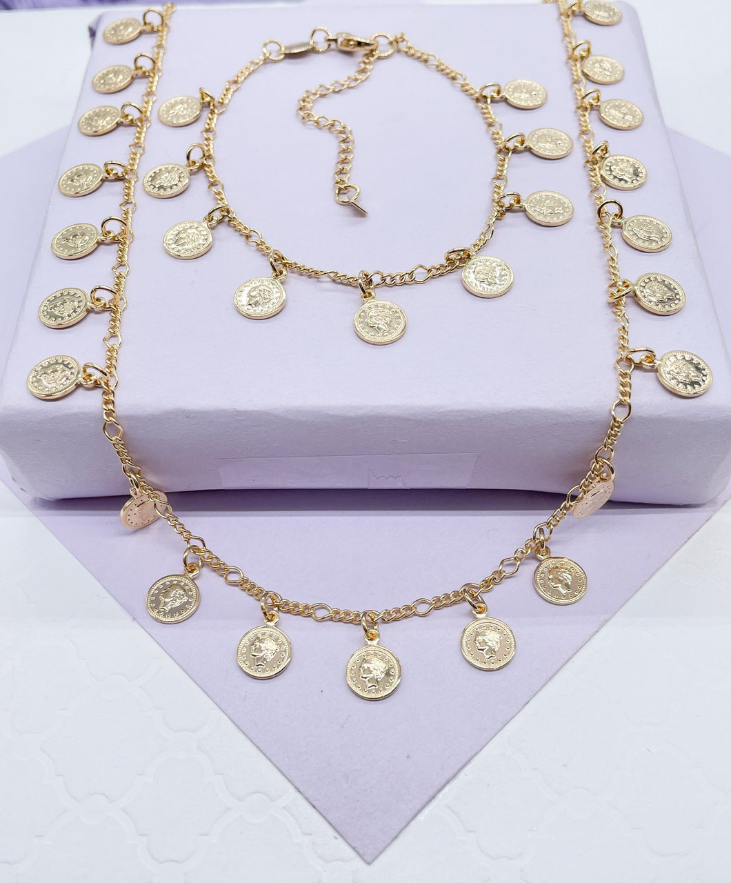 18k GoldFilled Charm Necklace And Bracelet Set With Mini Medallion Charms