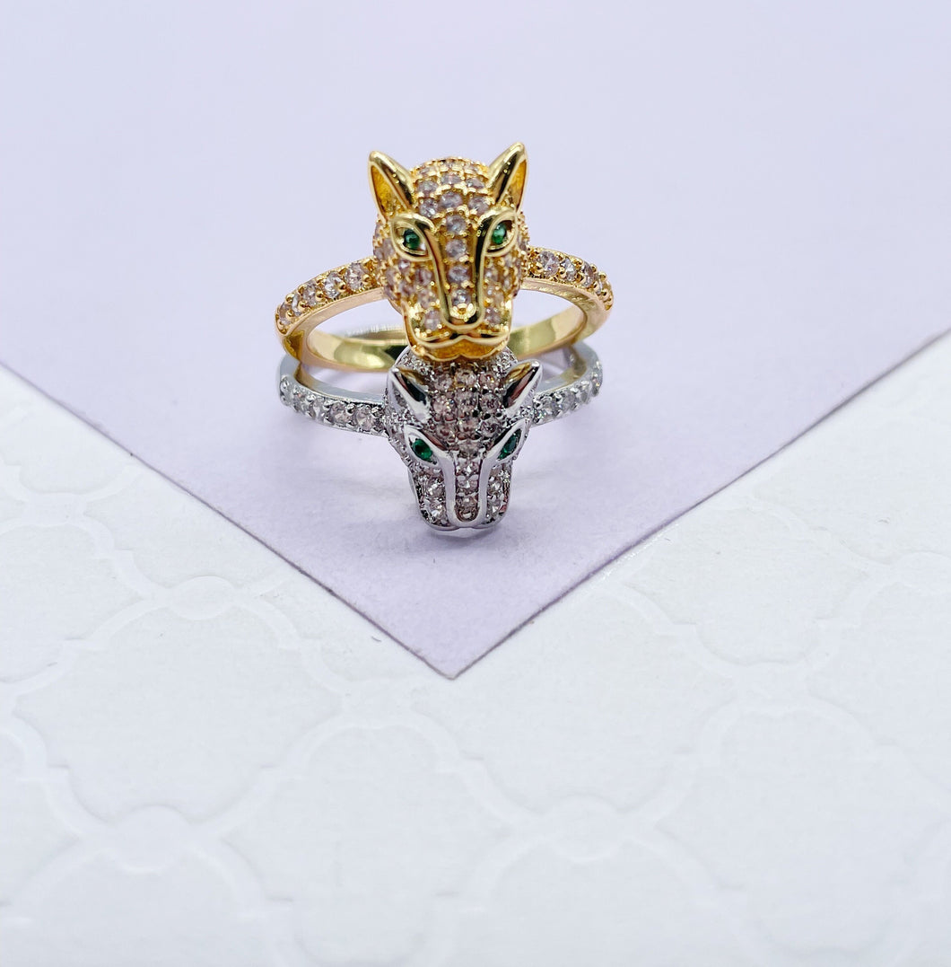 18k Gold Filled Zirconia Panther Ring With Emerald colored Eyes