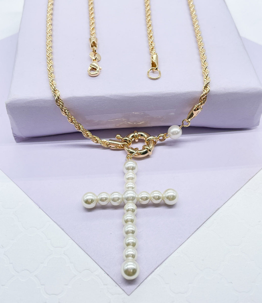 18k Gold Filled Rope Chain With Pearl Cross Center piece With Pearl Piece