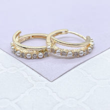 Load image into Gallery viewer, 18k Gold Filled Double Rowed Hoop Earring With Pearl and CZ &amp; Plain Smooth Rows
