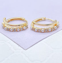 Load image into Gallery viewer, 18k Gold Filled Double Rowed Hoop Earring With Pearl and CZ &amp; Plain Smooth Rows
