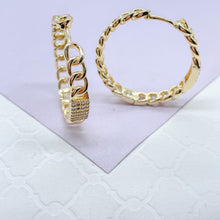 Load image into Gallery viewer, 18k Gold Filled Plain Curb Link Hoop With Patterned CZ Pave Cube
