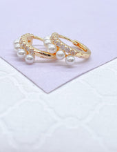 Load image into Gallery viewer, 18k Gold Filled Dual Rowed Pearl And CZ Pave Hoop Earring
