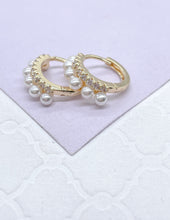 Load image into Gallery viewer, 18k Gold Filled Dual Rowed Pearl And CZ Pave Hoop Earring
