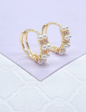 Load image into Gallery viewer, 18k Gold Filled Paired Pearl Beaded Earring With Patterned CZ Stone
