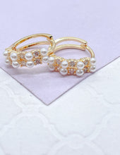 Load image into Gallery viewer, 18k Gold Filled Paired Pearl Beaded Earring With Patterned CZ Stone
