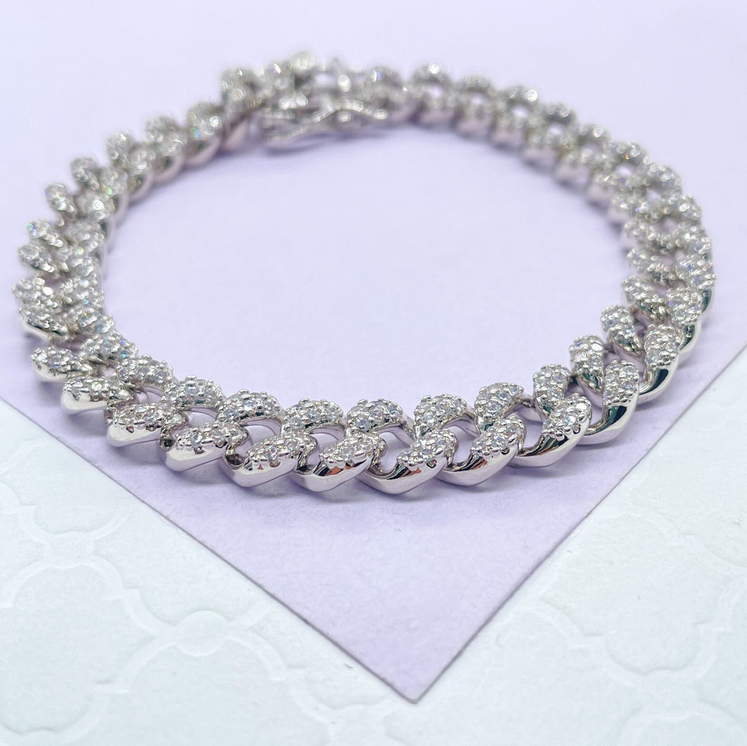 Silver Filled With Rodium Cuban Link CZ Stone Bracelet