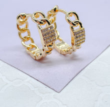 Load image into Gallery viewer, 18k Gold Filled Plain Curb Link Hoop With Patterned CZ Pave Cube
