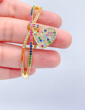 Load image into Gallery viewer, 18k Gold Filled Colorful CZ Cuff Bracelet with Multi Color Dangling Heart
