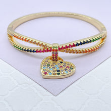 Load image into Gallery viewer, 18k Gold Filled Colorful CZ Cuff Bracelet with Multi Color Dangling Heart
