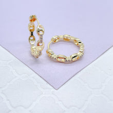 Load image into Gallery viewer, 18k Gold Filled Puffy Mariner Curb Link Huggie Hoops With CZ Stones
