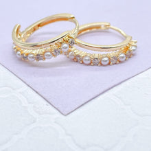 Load image into Gallery viewer, 18k Gold Filled Double Rowed Hoop Earring With Pearl and CZ &amp; Plain Smooth Rows
