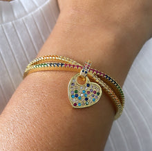 Load image into Gallery viewer, 18k Gold Filled Colorful CZ Cuff Bracelet with Multi Color Dangling Heart
