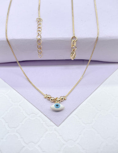 18k Gold Filled Plain Box Chain with Light Blue Evil Eye Charm With Bead Charms