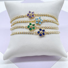 Load image into Gallery viewer, 18k Gold Filled Adjustable Tennis Bracelet With CZ Flower Charm In Center
