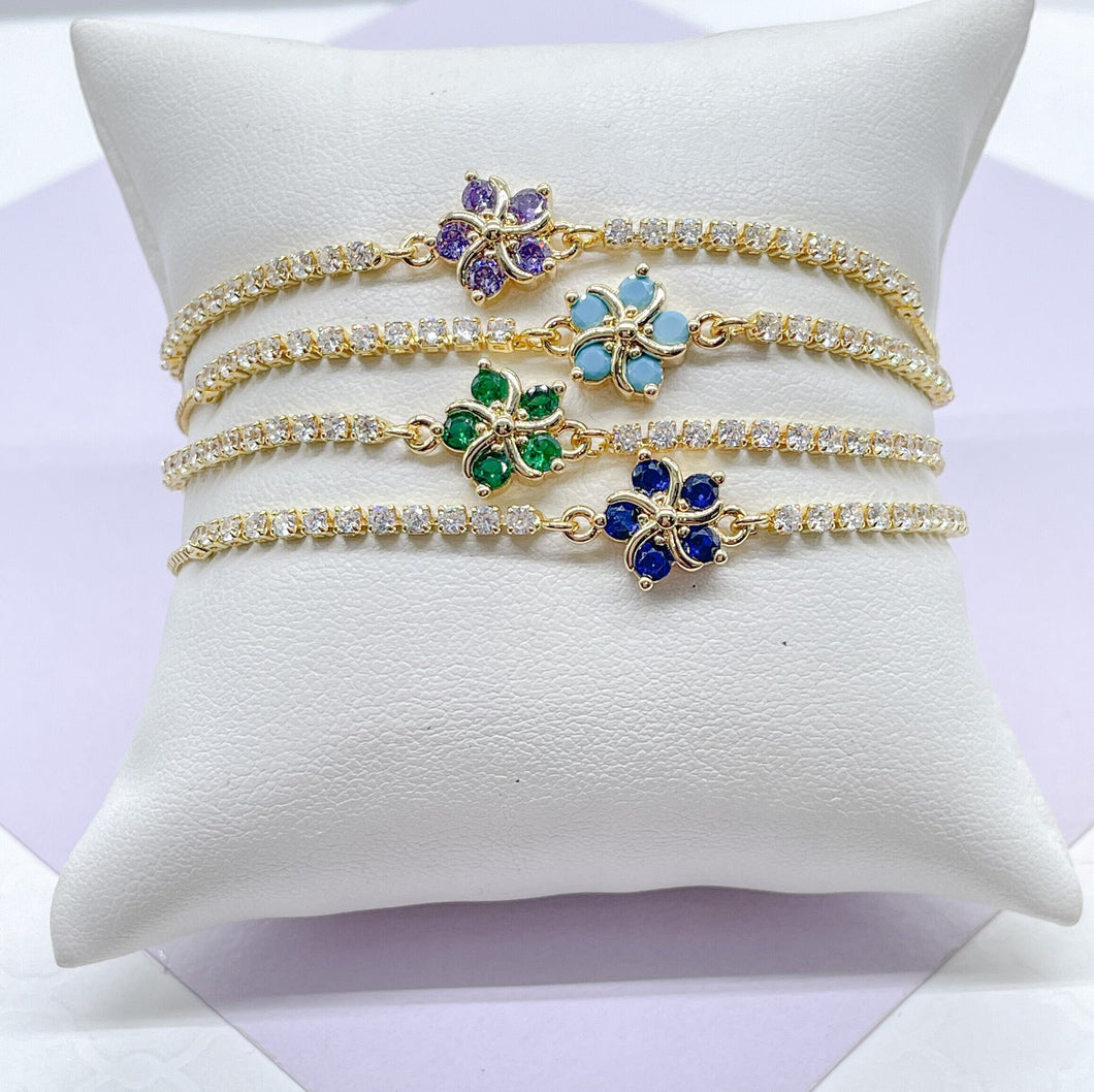 18k Gold Filled Adjustable Tennis Bracelet With CZ Flower Charm In Center