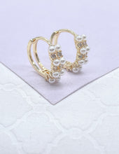 Load image into Gallery viewer, 18k Gold Filled Paired Pearl Beaded Earring With Patterned CZ Stone
