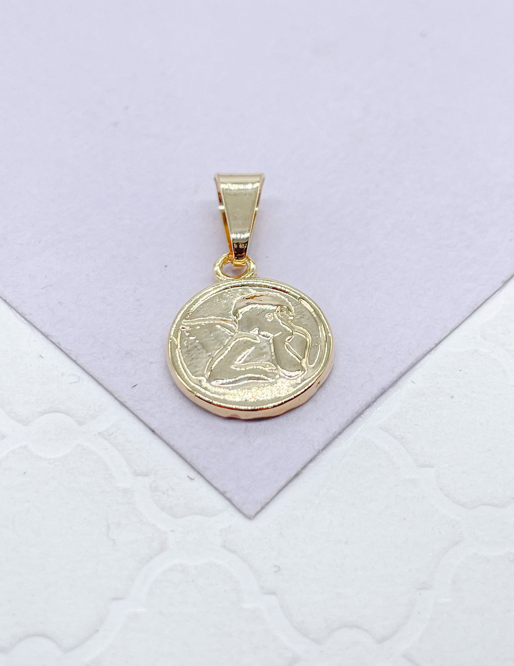 18k Gold Filled Mini Medallion Charm Pendant With engraved Angel