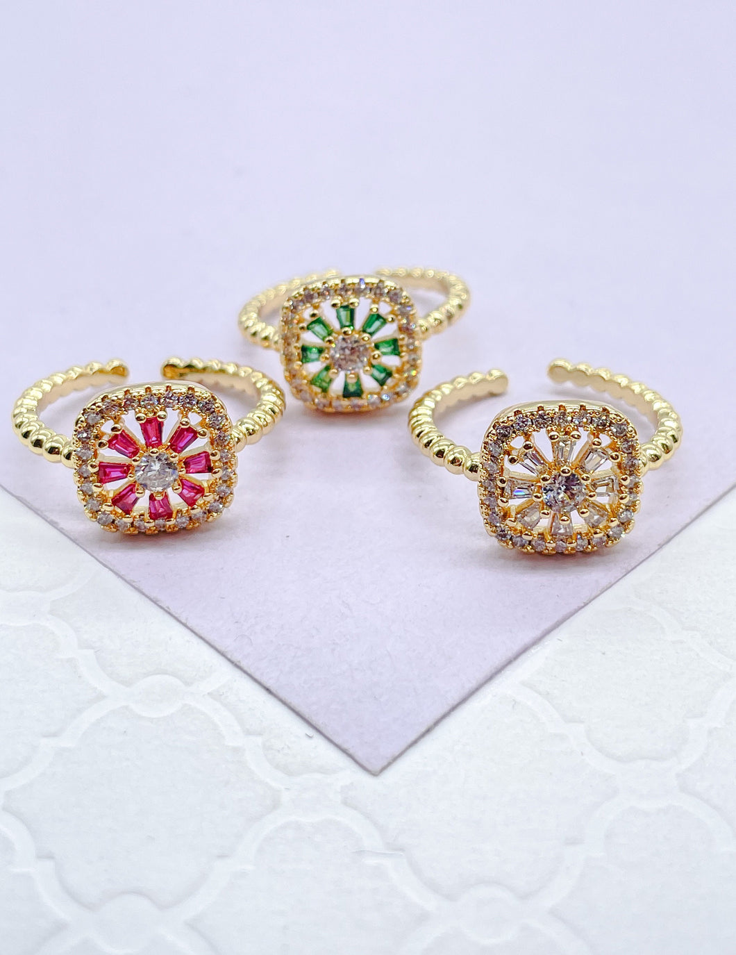 18k Gold Filled Adjustable Beaded Ring With Colorful Stones With Cz Round Stone in Center