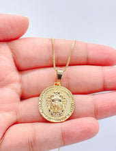 Load image into Gallery viewer, 18k Gold Filled Lion Head Medallion Pendant With With Engraved Patters And Emerald Green Eye Stones
