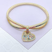 Load image into Gallery viewer, 18k Gold Filled Colorful CZ Cuff Bracelet with Multi Color Dangling Heart
